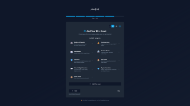 Plannelink dashboard showing digital asset inventory: bank accounts, cryptocurrencies, insurance policies, and hardware wallets