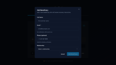 Plannelink beneficiaries management interface with heir list and asset assignment for digital legacy