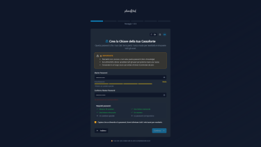 Interfaccia di creazione Master Password su Plannelink con indicatore di sicurezza della password e crittografia Zero-Knowledge