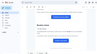 Plannelink Proof of Life verification email from Dead Man's Switch system for automatic digital legacy monitoring