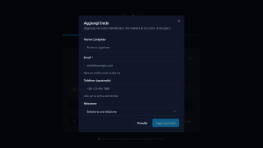 Interfaccia di gestione beneficiari Plannelink con lista eredi e assegnazione asset per eredità digitale