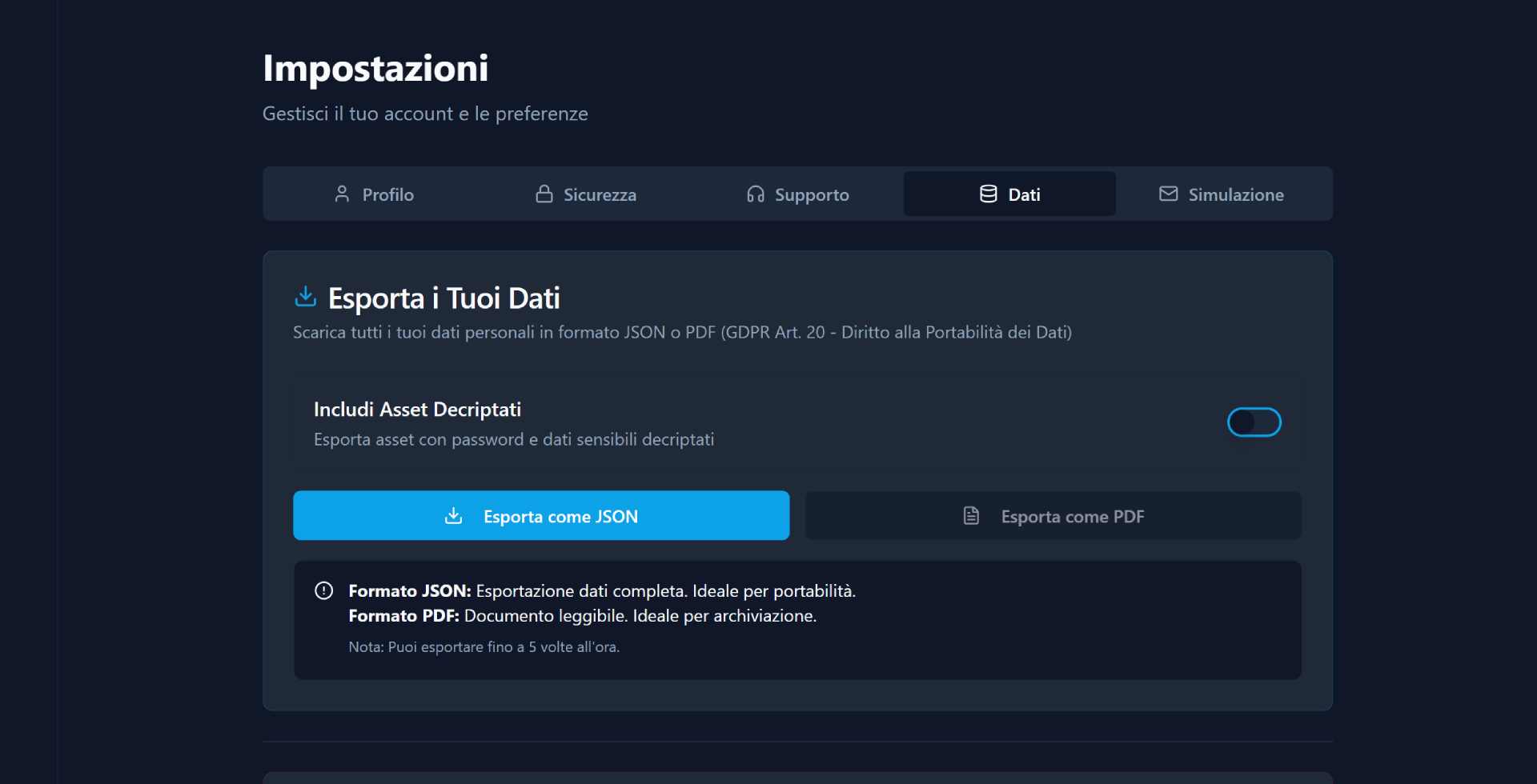 Interfaccia di export di Plannelink: opzioni JSON e PDF, cifrate e in chiaro per garantire la piena portabilità dei dati senza vendor lock-in