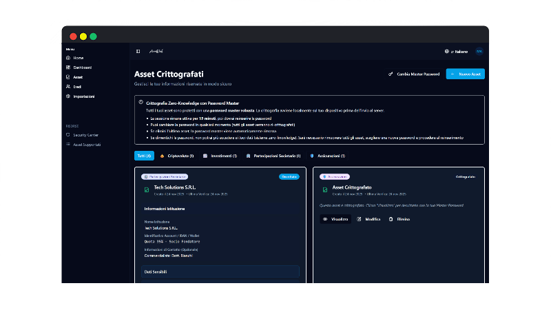 Plannelink Dashboard Crittografata - Gestione Asset Ereditari